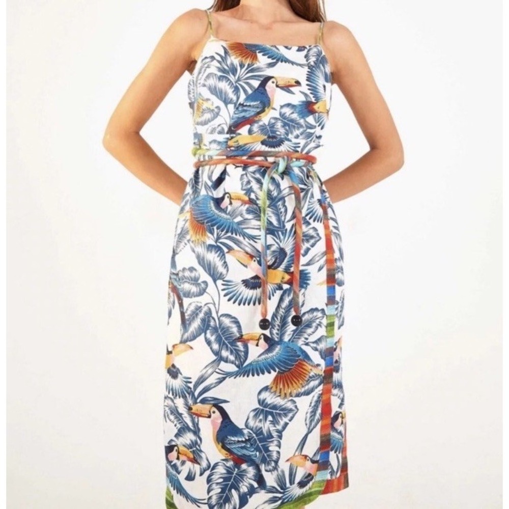 NWT Farm Rio Flying Toucans Tropical Print Open Back Midi Dress XS (0-2) Summer - Picture 3 of 7